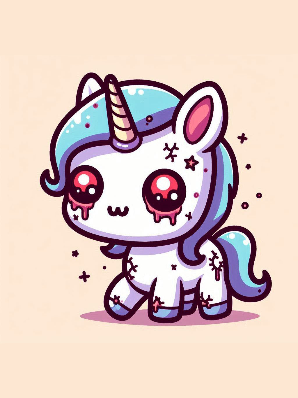 halloween unicorn illustration ideas featuring a cute zombie unicorn with a patched look, dripping eyes, and a whimsical style.